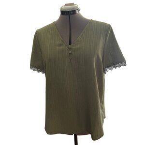 50th Street Olive Green Textured V-Neck Short Sleeve Top Delicate Lace Trim